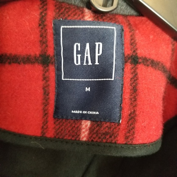 Gap Contrast Wool Blend Toggle Coat Sz M Red Black Plaid Classic Academia Hooded - Picture 10 of 11